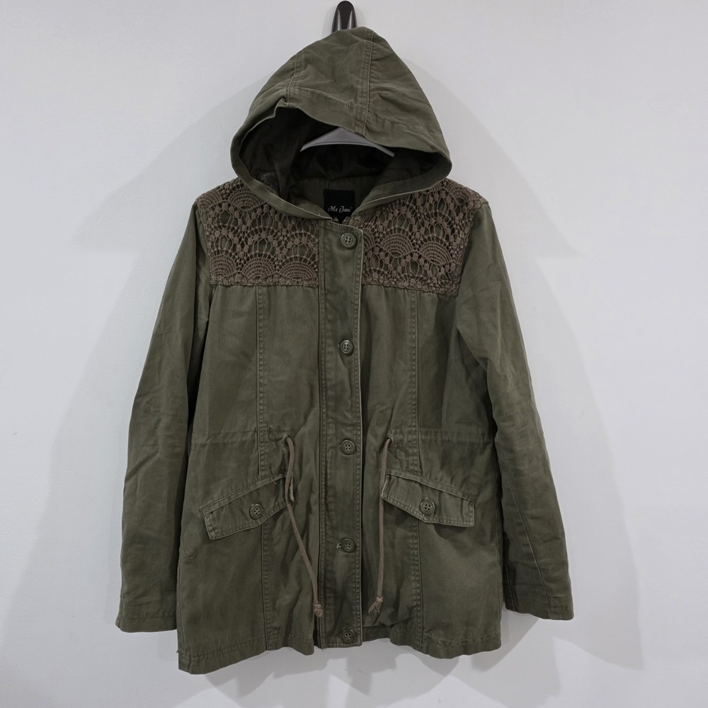 Y2K Womens Military Style Jacket Size Small Green Floral Lace Cinch Waist Army